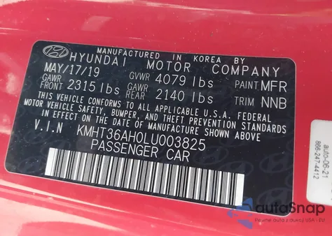 2020 Hyundai Veloster N z USA, uszkodzony, nr VIN KMHT36AH0LU003825